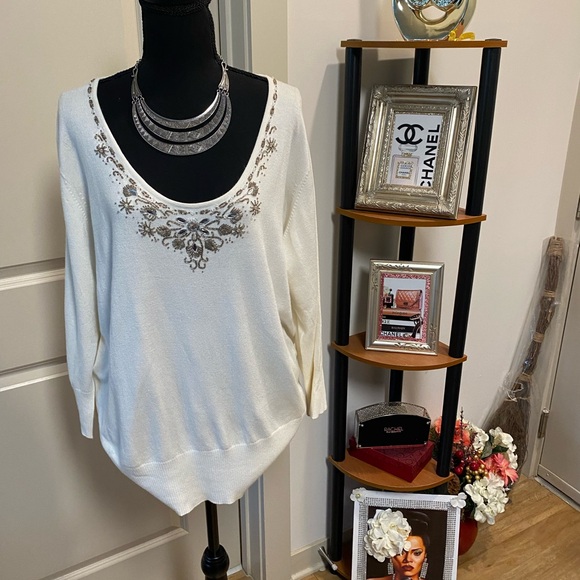 GEORGE BEADED SWEATER WOMEN SZ 22-24 OFF WHITE SCOOP NECK LONG SLEEVE NWT PTP 26 - Picture 6 of 8
